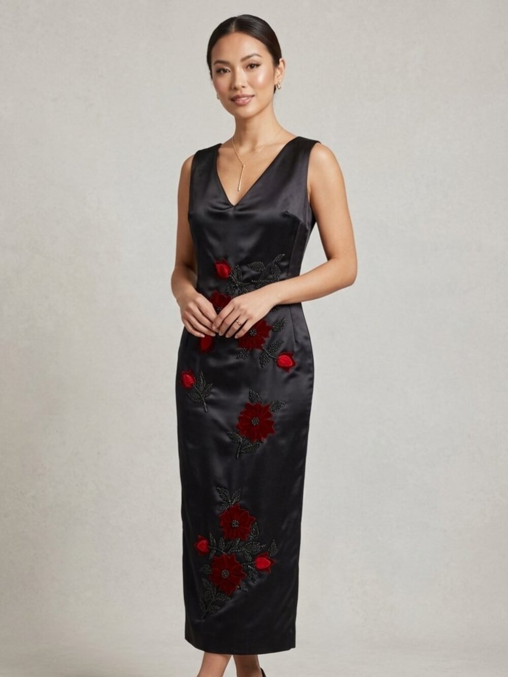 Vintage Valetta San Francisco Black Satin Gown w/Red Velvet & Beaded Design